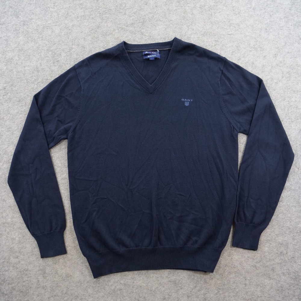 Gant Sweater Mens Large Blue V Neck Premium Cotton Pullover Logo Knit Preppy